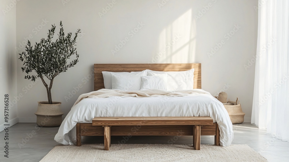 A serene bedroom with a wooden bed frame, crisp white bedding, and a minimalist wooden bench at the foot of the bed A serene bedroom with a wooden bed frame, crisp white bedding, and a minimalist wooden bench at the foot of the bed