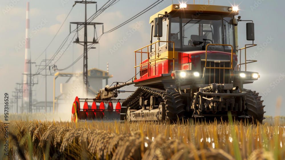 Fototapeta premium Agricultural machinery working in a vast rice field, harvesting crops with precision and efficiency under a clear blue sky.