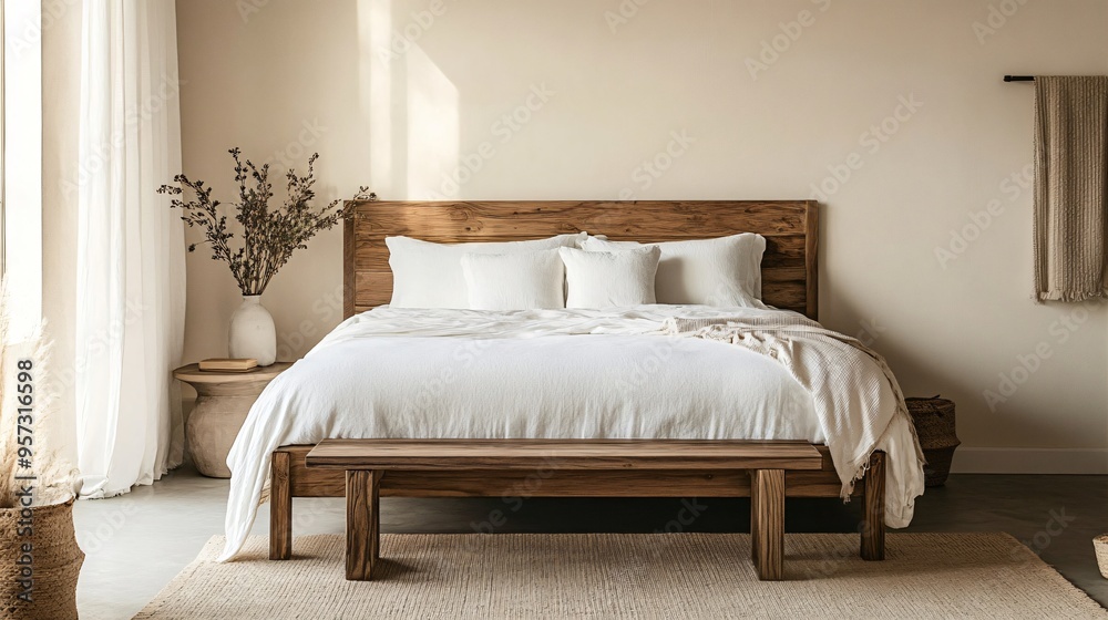 A serene bedroom with a wooden bed frame, crisp white bedding, and a minimalist wooden bench at the foot of the bed A serene bedroom with a wooden bed frame, crisp white bedding, and a minimalist wooden bench at the foot of the bed
