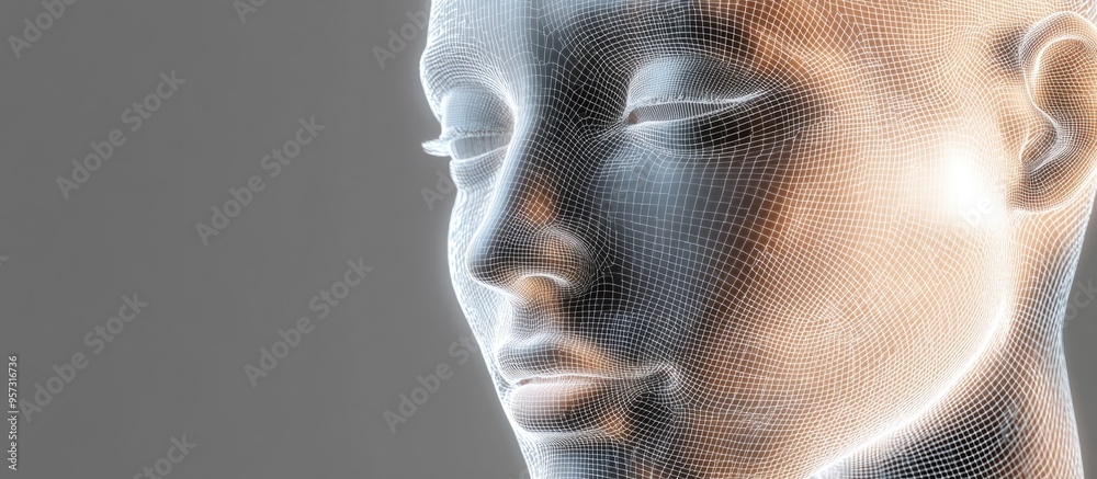 3D conceptual illustration of a luminous wireframe female face on a gray backdrop symbolizing technology cyborgs virtual avatars and futuristic science fiction themes 3D conceptual illustration of a luminous wireframe female face on a gray backdrop symbolizing technology cyborgs virtual avatars and futuristic science fiction themes