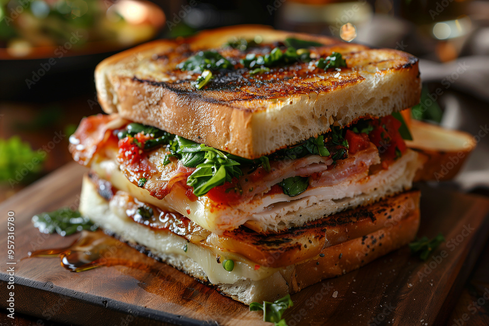 fresh grilled sandwich with vegetables and cheese, bacon. AI Generated fresh grilled sandwich with vegetables and cheese, bacon. AI Generated