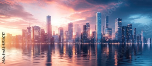 3D conceptual background of a stunning city skyline featuring luxurious skyscrapers illuminated by the sunrise