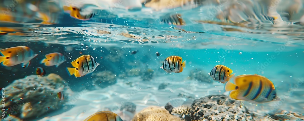 Tropical fish swimming in the clear shallow water near the beach, 4K hyperrealistic photo Tropical fish swimming in the clear shallow water near the beach, 4K hyperrealistic photo