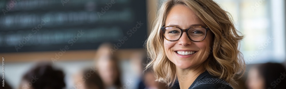 Warm Smile of a Cheerful Teacher in a Lively Classroom Warm Smile of a Cheerful Teacher in a Lively Classroom