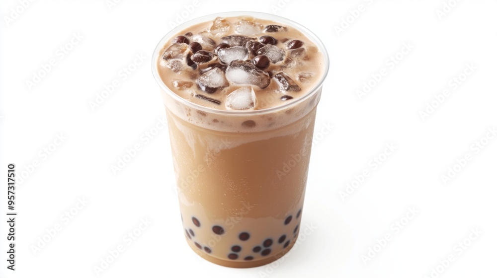 A high-angle shot of a bubble milk tea cup with a layer of ice, showing the drink texture and tapioca pearls, with the pure white background creating a sleek, modern look A high-angle shot of a bubble milk tea cup with a layer of ice, showing the drink texture and tapioca pearls, with the pure white background creating a sleek, modern look