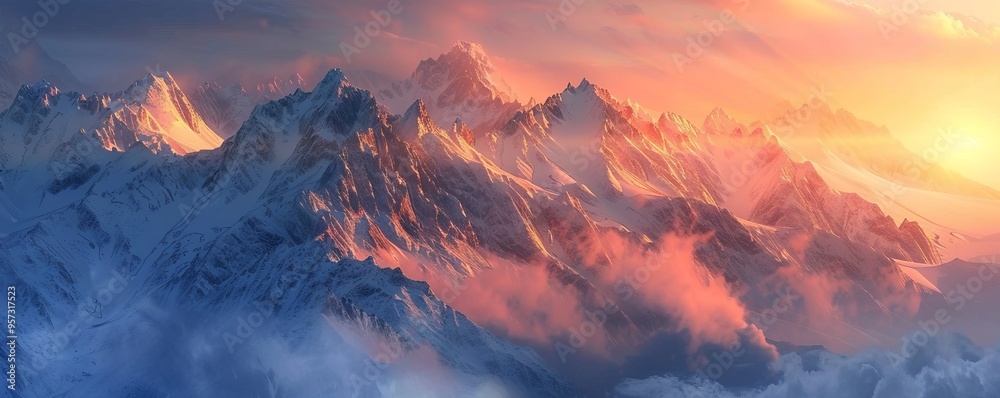 Fototapeta premium Mountain range bathed in the light of a setting sun, 4K hyperrealistic photo