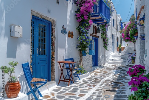 Fototapeta Naklejka Na Ścianę i Meble -  A narrow street with blue doors and blue chairs