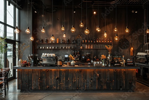 A dark wood bar with a lot of lights hanging from the ceiling photo