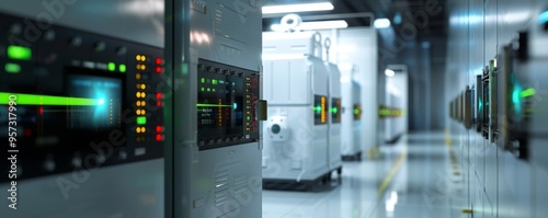 Modern data center with advanced servers showcasing networking technology and high-performance computing infrastructure in a futuristic environment.