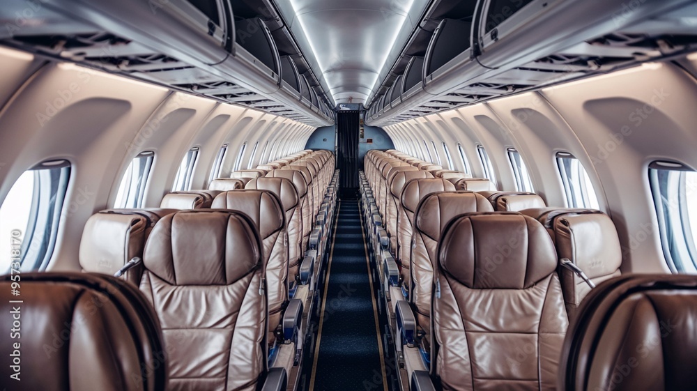 Fototapeta premium Empty seats in a jet cabin just before boarding time