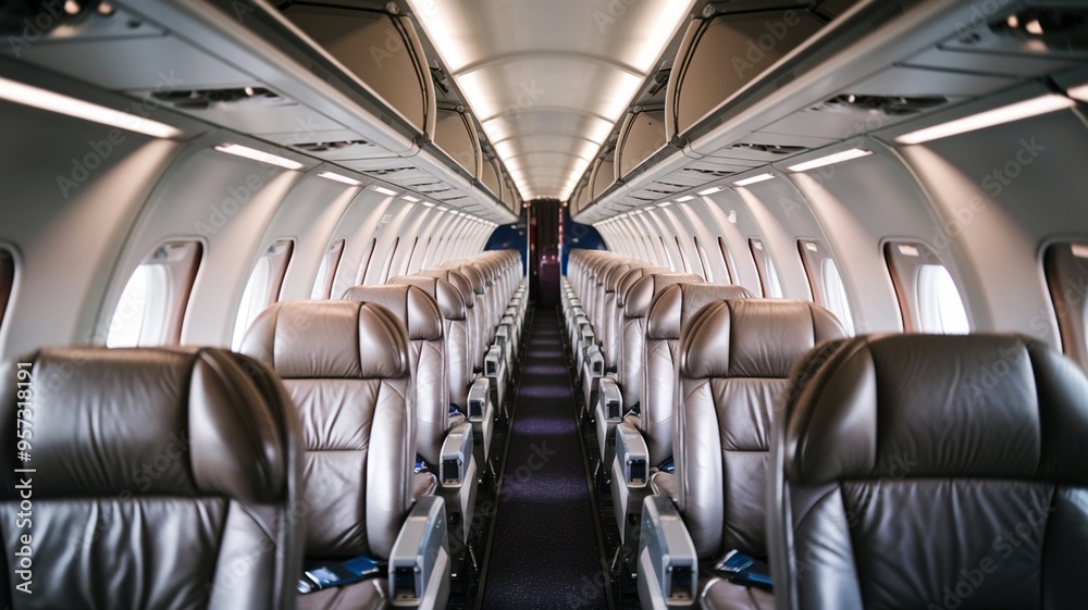 Fototapeta premium Empty seats in a jet cabin just before boarding time