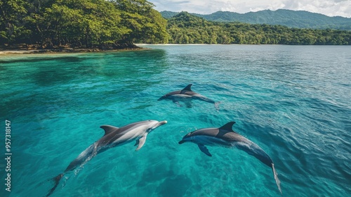 A group of dolphins swimming near a tropical island, with clear, turquoise water and the island's lush greenery and sandy beaches visible in the distance photo