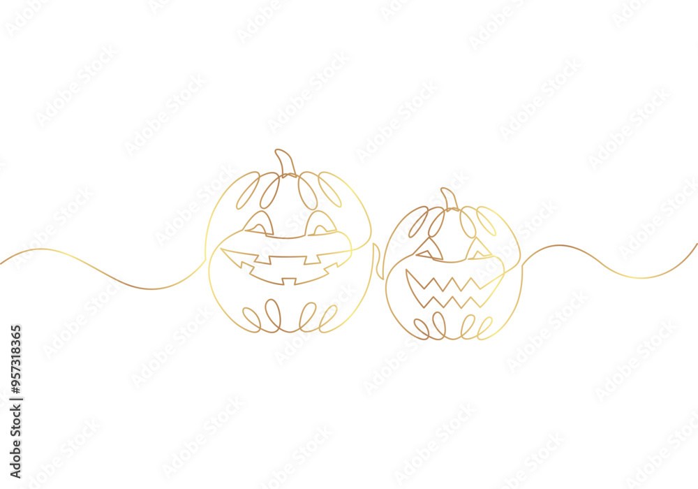 Continuous line drawing of halloween with gold color eps 10