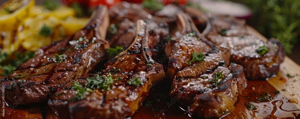 Grilled lamb chops with mint sauce, 4K hyperrealistic photo Grilled lamb chops with mint sauce, 4K hyperrealistic photo