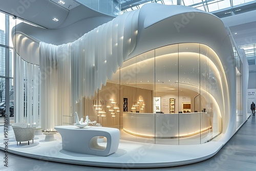 A white building with a curved design and a lot of glass windows photo