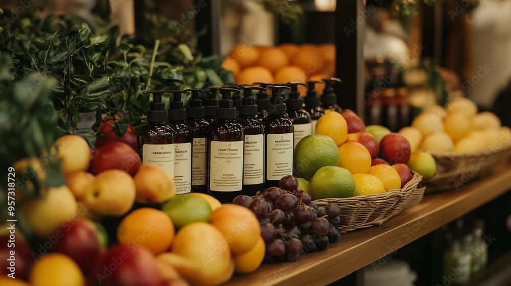 Colorful display of fresh fruits and natural lotions in a vibrant market setting during the afternoon Colorful display of fresh fruits and natural lotions in a vibrant market setting during the afternoon
