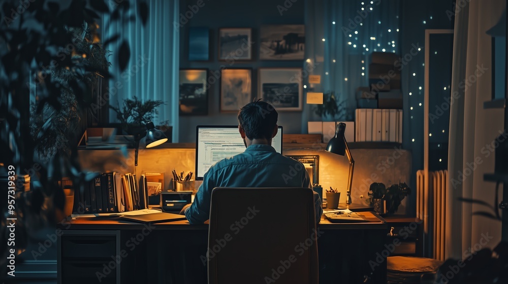 A focused individual working late at night in a cozy home office filled with warm lights and organized desk items A focused individual working late at night in a cozy home office filled with warm lights and organized desk items