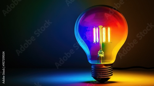 a colorful glowing idea bulb lamp, visualization of brainstorming and creative thinking 