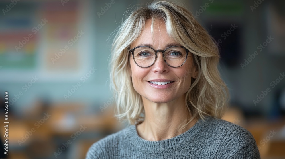Warm Smile of a Cheerful Teacher in a Lively Classroom Warm Smile of a Cheerful Teacher in a Lively Classroom