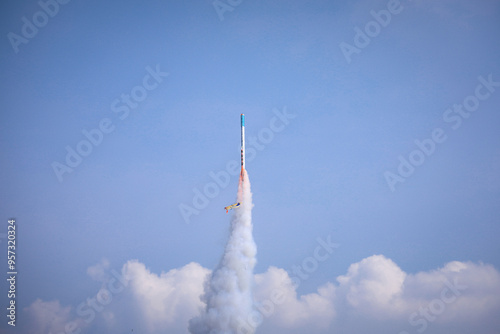 Fototapeta Naklejka Na Ścianę i Meble -  Yasothon Province, Thailand -12 May 2024 : Yasothon Rocket Festival Lighting rockets is a ritual asking for rain to the gods to get water for agriculture. according to local beliefs