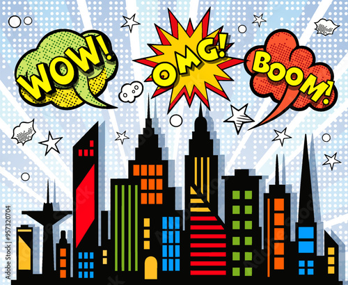 Colorful cartoon city skyline exploding with the words hug and boom in classic comic book style