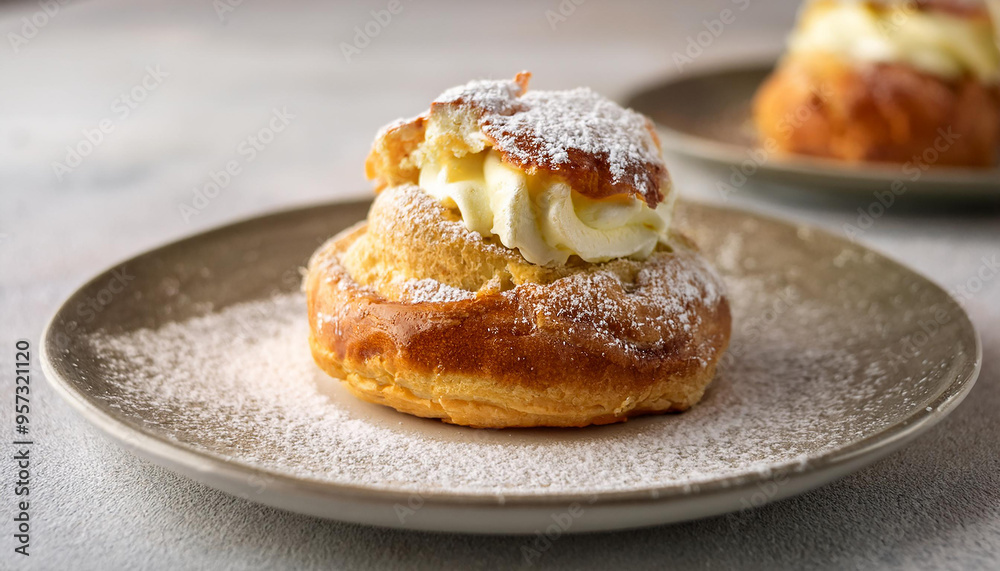 Swedish semla, bun with whipped cream on a plate. Tasty dessert. Delicious sweet food. Swedish semla, bun with whipped cream on a plate. Tasty dessert. Delicious sweet food.
