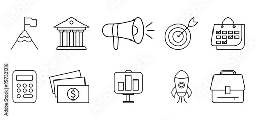 Set of thin line icons of financial concepts. startup marketing cute trendy line icon. Business work, finance rocket, growth economic goal elements. money Finance icon set.  Vector illustration.