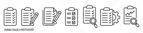 Evaluation thin line icon set. quality, survey, analysis, management data, inspection, checklist, review vector illustration eps 10.
