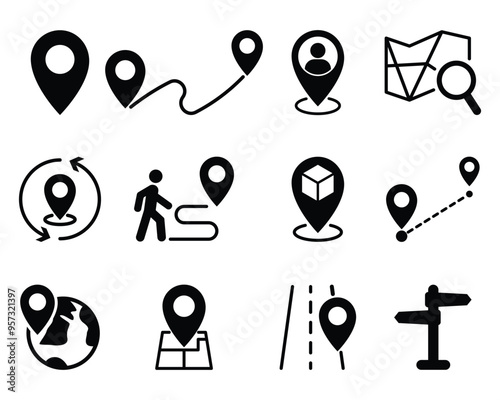 Map pin location flat vector icon set. direction, route, navigation, distance, path, tracking, pointer, destination, positioning, street board, map pin vector illustration in white background.