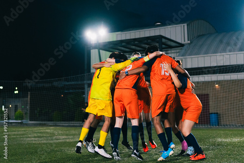 Football team excited under the stadium lights. photo