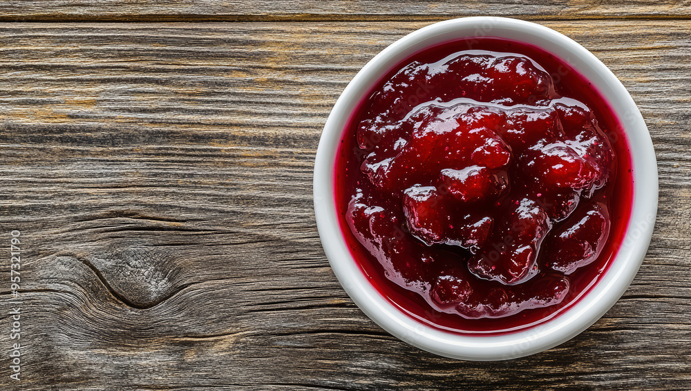 A white bowl of homemade cranberry sauce on a clean wooden table A white bowl of homemade cranberry sauce on a clean wooden table