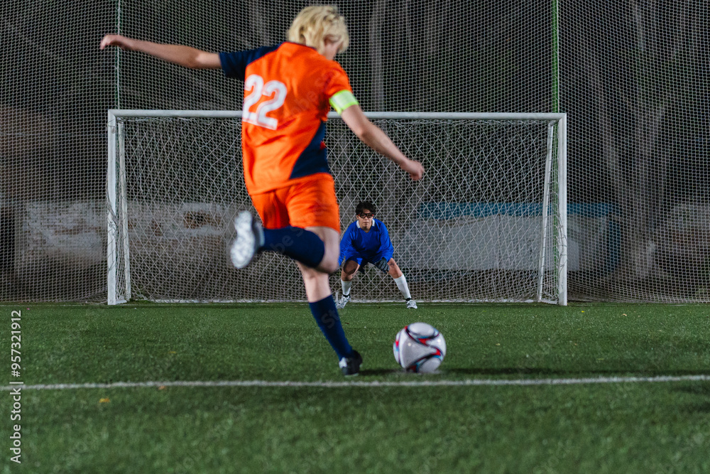 Football player kicking a penalty kick. Football player kicking a penalty kick.