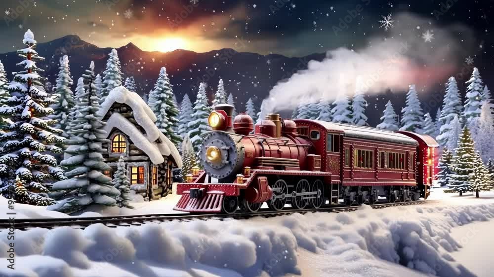 Red toy train traveling on snowy tracks in a winter wonderland with a cozy cabin in the background, evoking a warm and festive christmas atmosphere