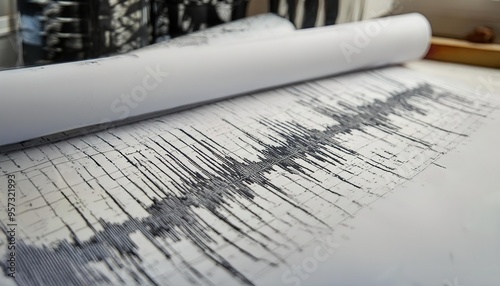 A seismograph reading on a scroll of paper, depicting seismic activity with jagged lines in a laboratory setting. photo