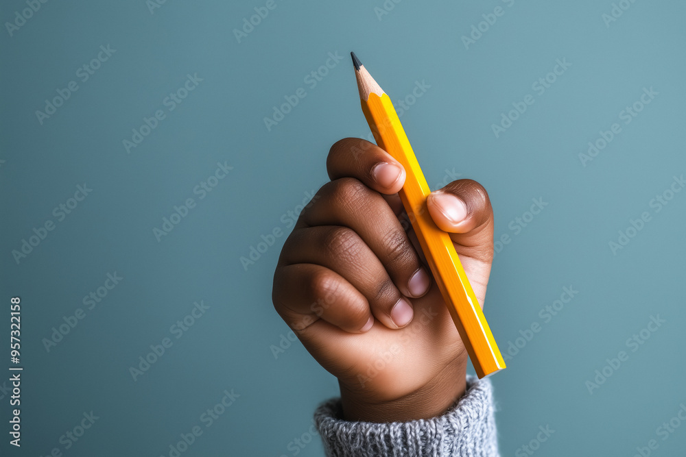 A close-up of a child's hand tightly holding a yellow pencil with a soft blue background,details of the small fingers gripping the pencil, evoking themes of learning and early education A close-up of a child's hand tightly holding a yellow pencil with a soft blue background,details of the small fingers gripping the pencil, evoking themes of learning and early education