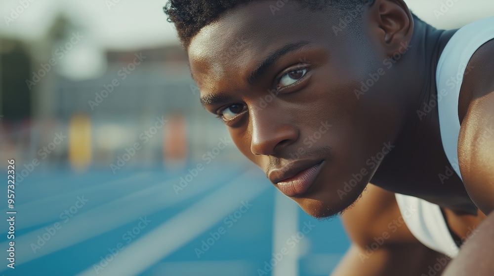 A profile shot of a 100m Olympics sprinter powering out of the starting blocks A profile shot of a 100m Olympics sprinter powering out of the starting blocks
