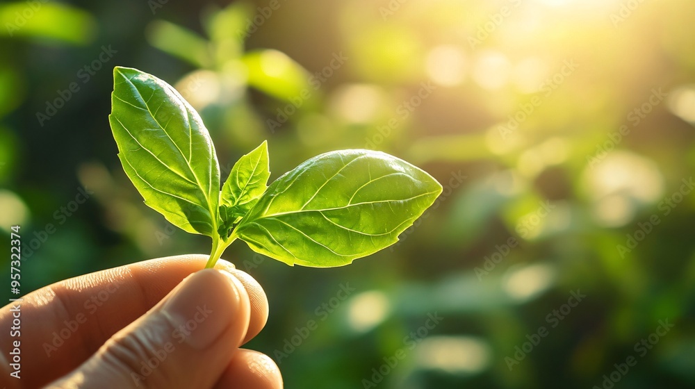 A close up of a hand gently holding a single basil leaf, with sunlight filtering through A close up of a hand gently holding a single basil leaf, with sunlight filtering through