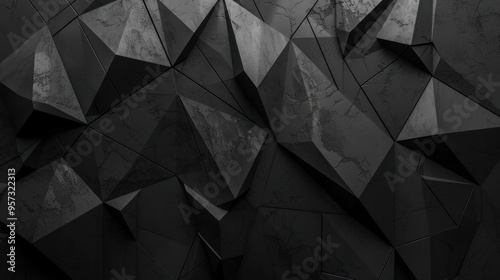 Black white dark gray abstract background. Geometric pattern shape. Line triangle polygon angle. Gradient. Shadow. Matte. 3d effect. Rough grain grungy. Design. Template. Presentation. 