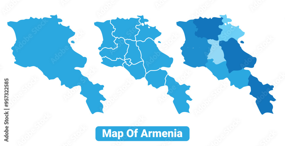 Vector Blue Armenia political maps with borders regions simple flat illustration set Vector Blue Armenia political maps with borders regions simple flat illustration set