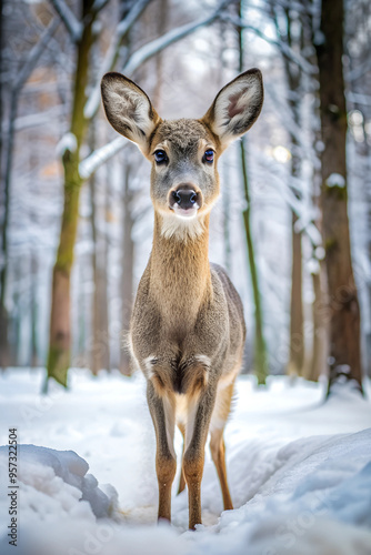 Curious deer standing in a snowy forest clearing surrounded by trees