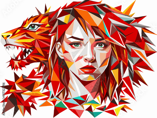 Vivid geometric portrait of a woman with a lion's head illustration photo