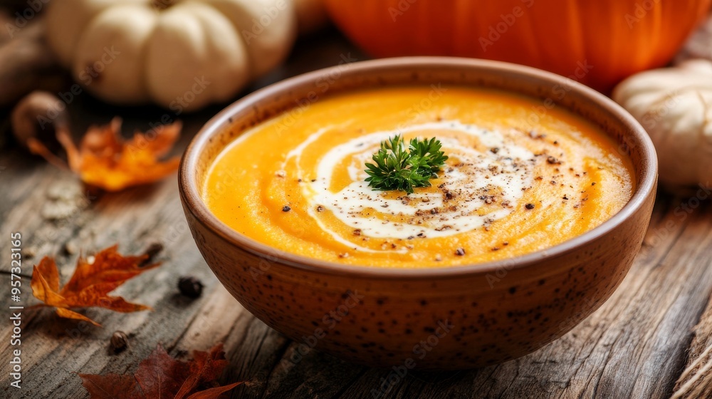 Wooden table adorned with pumpkin cream soup Wooden table adorned with pumpkin cream soup