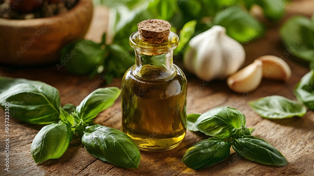 A kitchen scene with basil-infused olive oil in a small bottle, surrounded by fresh basil leaves and garlic cloves A kitchen scene with basil-infused olive oil in a small bottle, surrounded by fresh basil leaves and garlic cloves