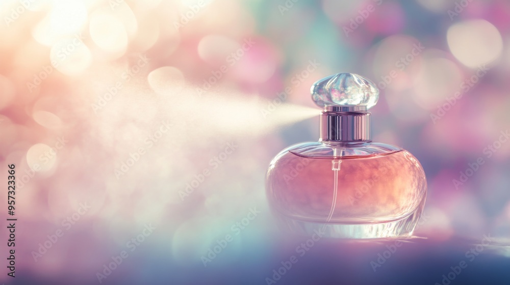 A perfume bottle being sprayed, with a fine mist catching the light and creating a dreamy, ethereal effect, set against a softly blurred background of pastel colors. A perfume bottle being sprayed, with a fine mist catching the light and creating a dreamy, ethereal effect, set against a softly blurred background of pastel colors.