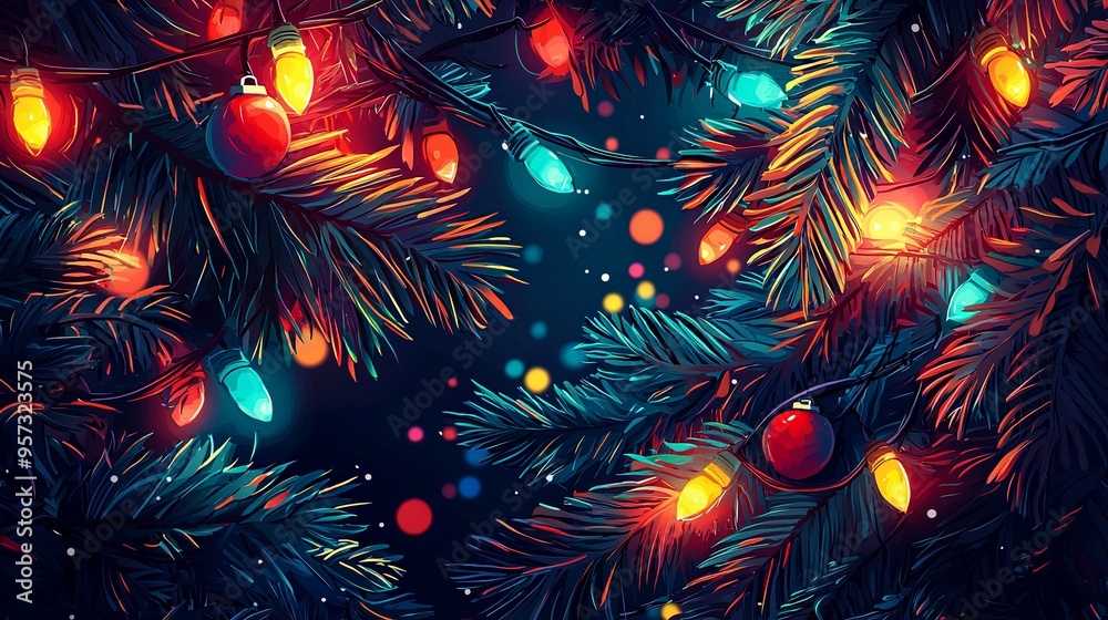 A vibrant close-up view of a pine tree adorned with colorful Christmas lights, creating a festive and joyful holiday ambiance perfect for the holiday season. A vibrant close-up view of a pine tree adorned with colorful Christmas lights, creating a festive and joyful holiday ambiance perfect for the holiday season.