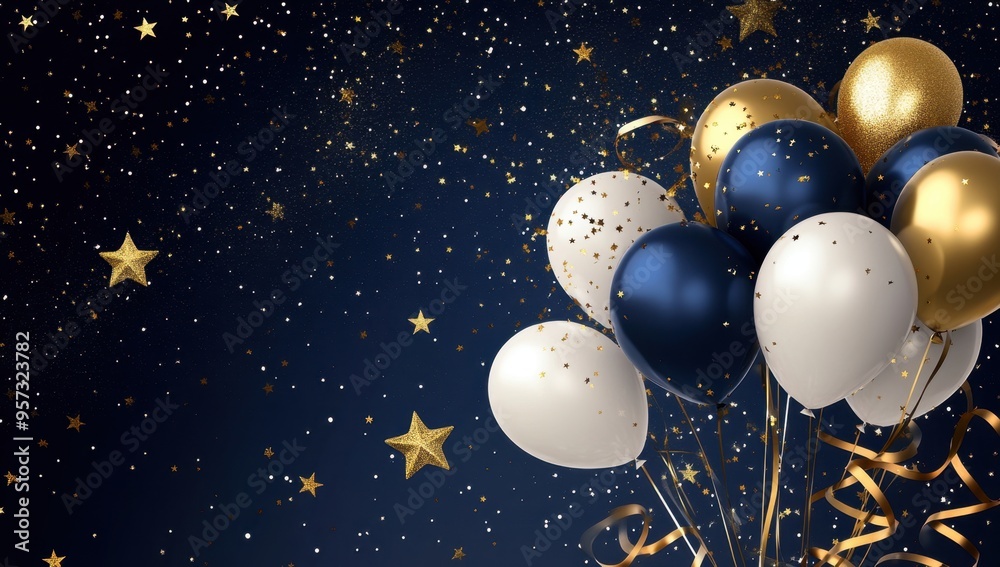 Fototapeta premium an elegant birthday background with navy blue, white, and gold balloons surrounded by stars and ribbons Generative AI