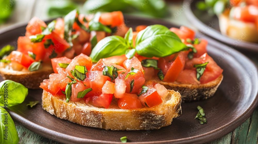 A plate of fresh tomato and basil bruschetta, with the basil leaves adding a pop of green to the vibrant dish A plate of fresh tomato and basil bruschetta, with the basil leaves adding a pop of green to the vibrant dish