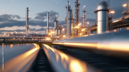 Modern refinery plant, smart technology displays and industrial pipelines, 3D illustration