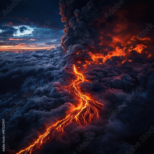 Molten lava river flowing from an erupting volcano, with ash clouds billowing into the sky, creating a scene of natural chaos and beauty