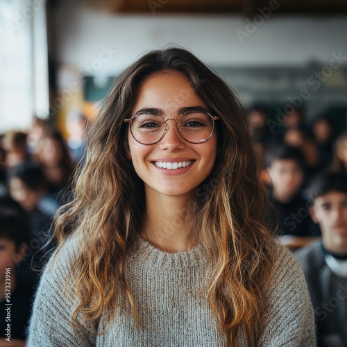 Warm Smile of a Cheerful Teacher in a Lively Classroom